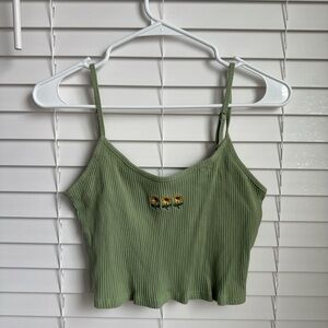 Sage Green Ribbed Crop Tank Top with Floral Embroidery and Adjustable Straps